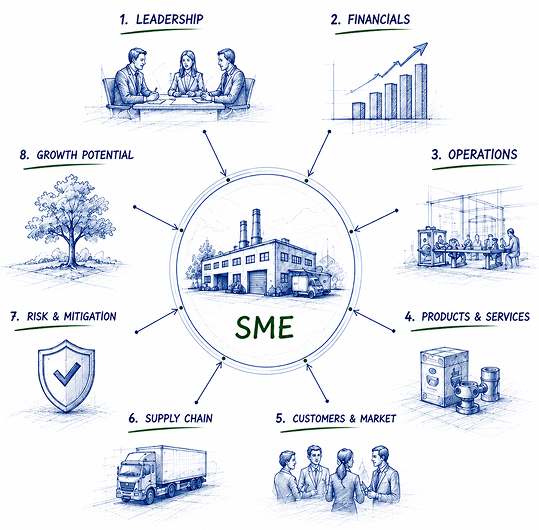 Diagram of eight SME diligence areas around leadership, financials, operations, products, customers, supply chain, risk, and growth potential